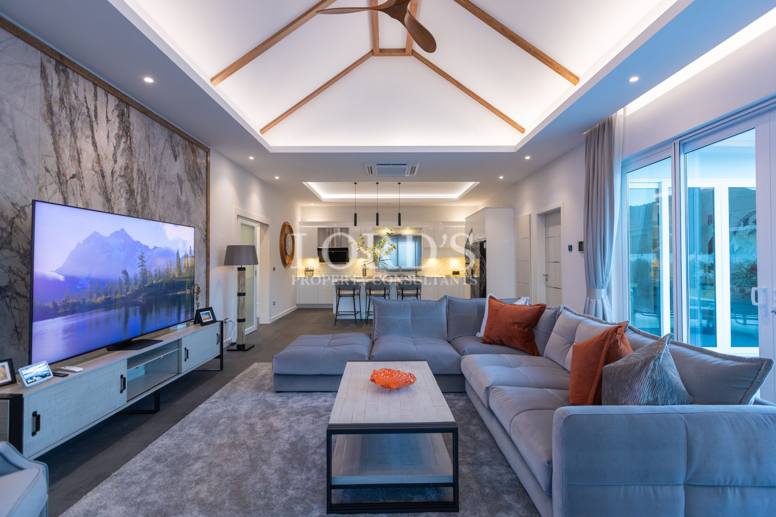 Modern living room with large TV