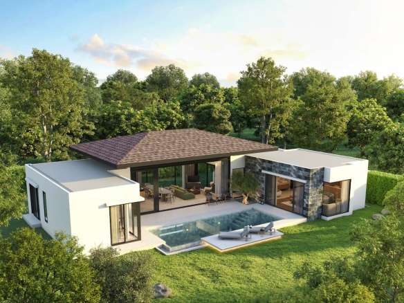 Modern house with pool and greenery