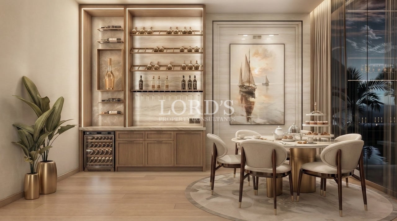 Dining room with wooden cabinetry and shelves