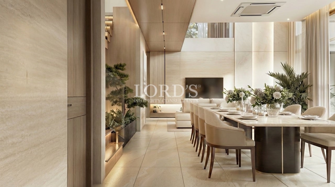 Open dining area beside modern kitchen