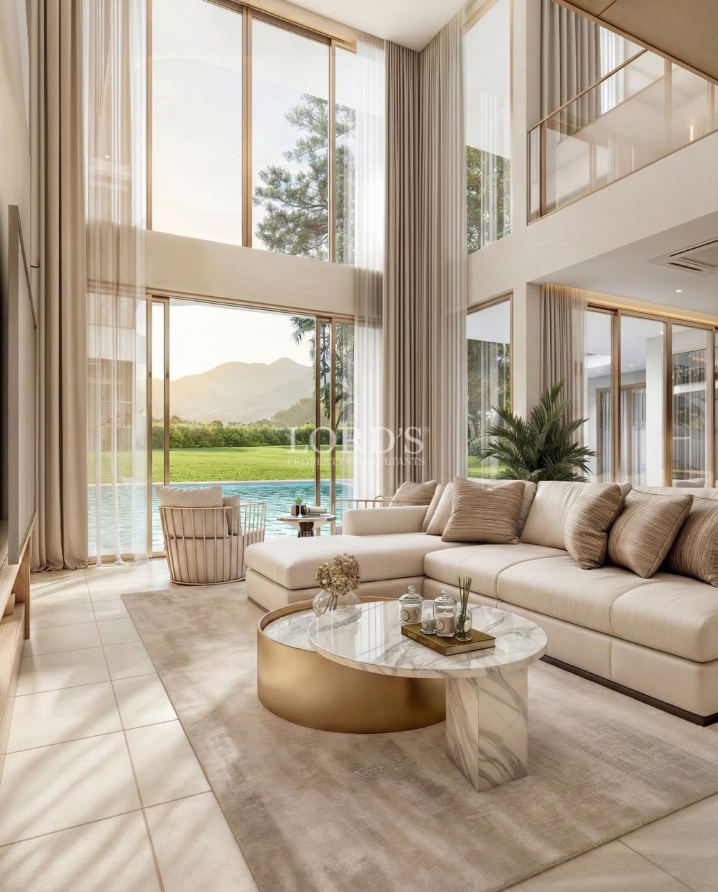 Modern living room with sofa and large windows