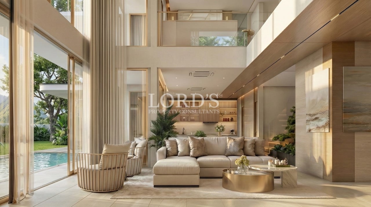 Luxury open living room with double height ceiling