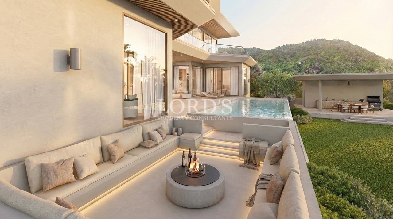 Luxury villa terrace with fire pit seating