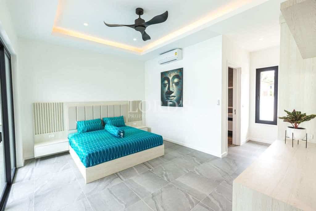 Modern bedroom with blue bedding.