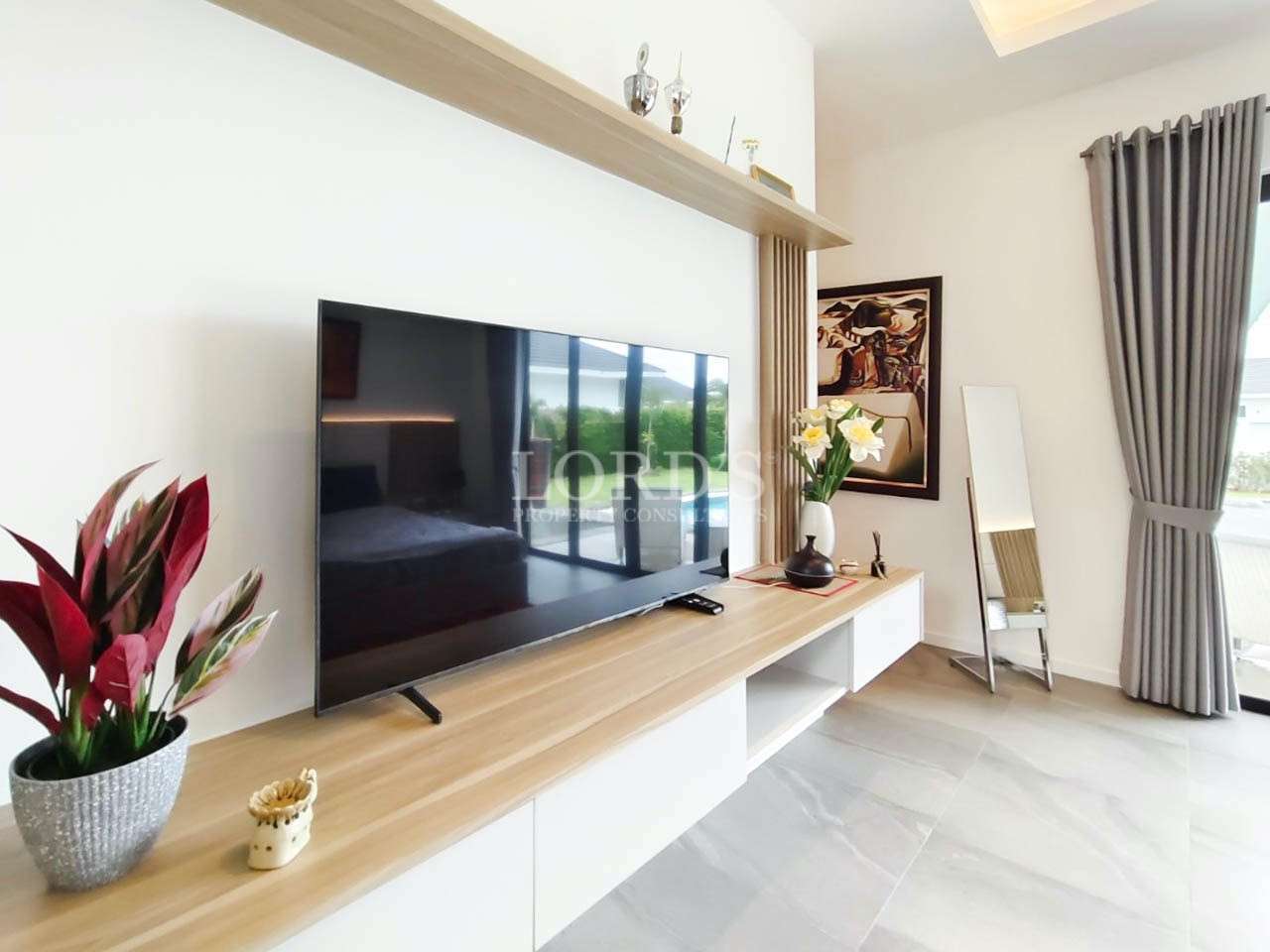 Living room with TV wall and modern furniture