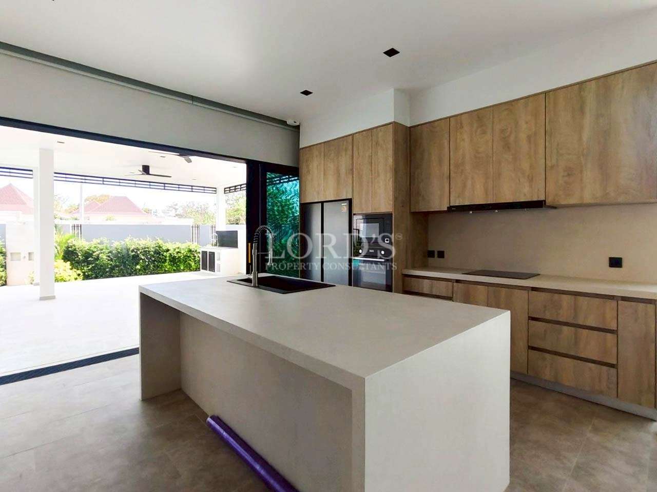 Kitchen island with wooden cabinets