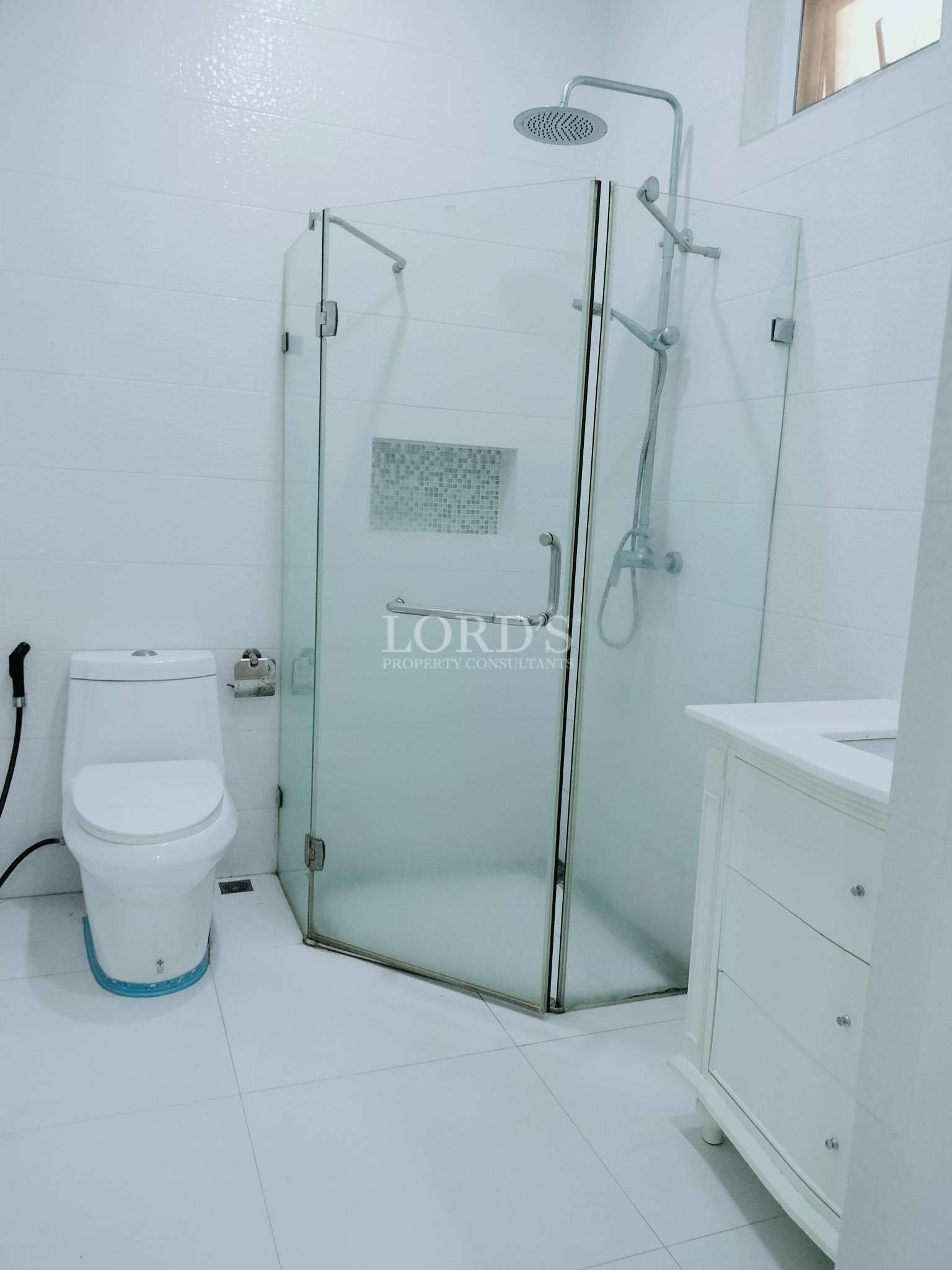 Modern white bathroom with glass shower enclosure, rain shower, and vanity.