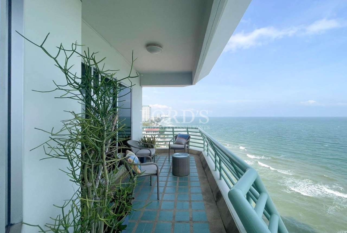 Outdoor balcony with railing and ocean view