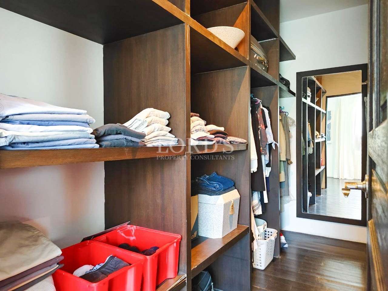 Storage area with shelves and household items