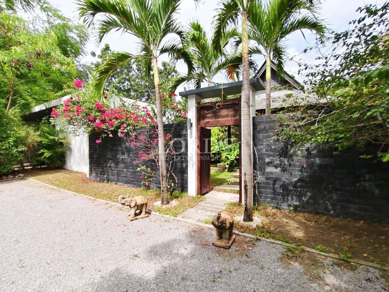 Entryway with palm trees and flowers