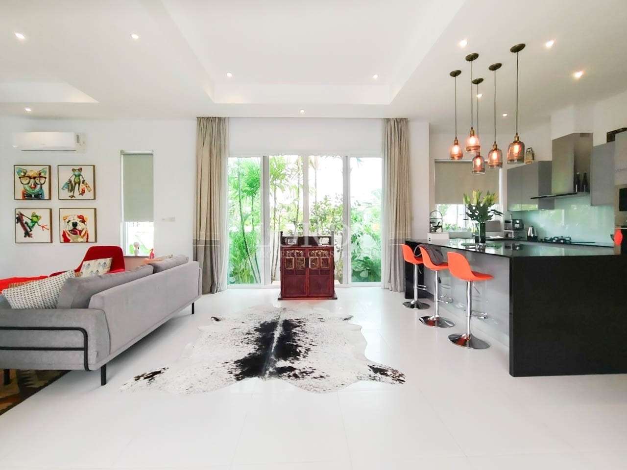 Bedroom with bed and wooden wardrobe