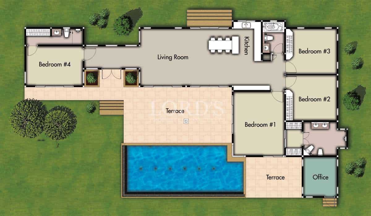 Villa floor plan with pool and rooms layout
