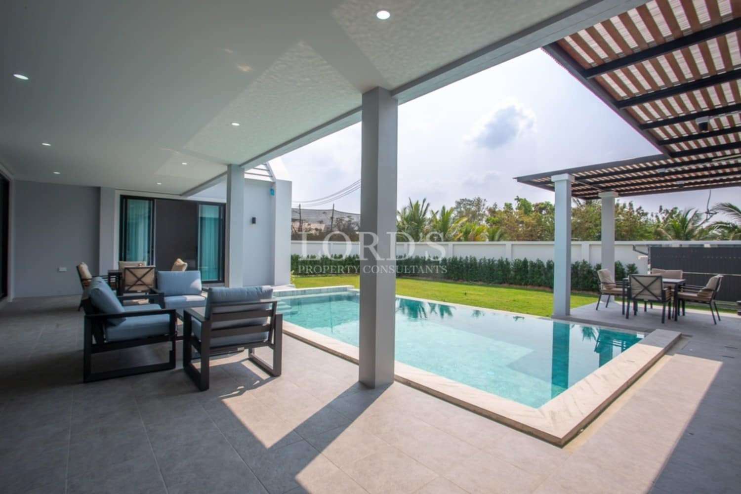 Beautiful covered patio with pool view