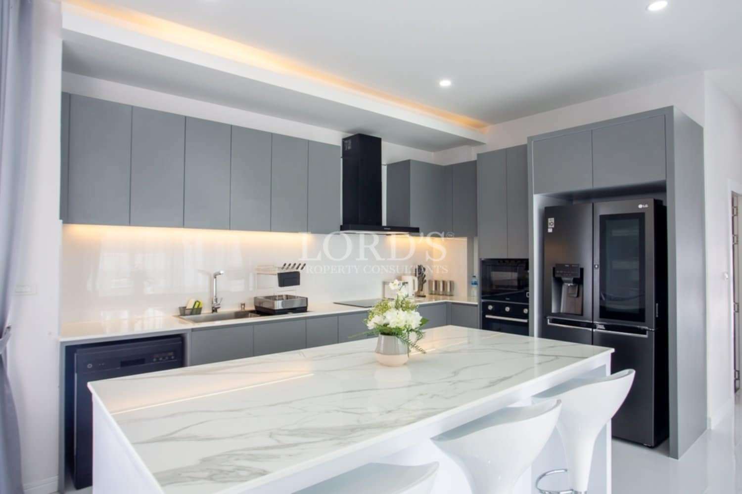 Beautiful luxury kitchen with modern lighting