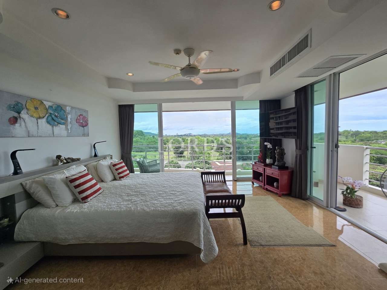 Spacious master bedroom with king-size bed, seating area, and large glass doors opening to a balcony with panoramic green views.