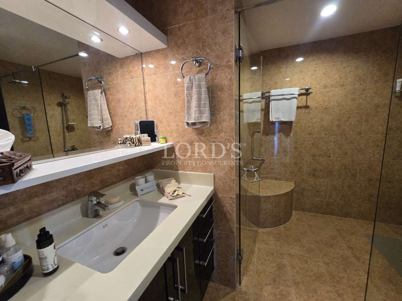 Modern bathroom with vanity sink, large mirror, and glass-enclosed walk-in shower.