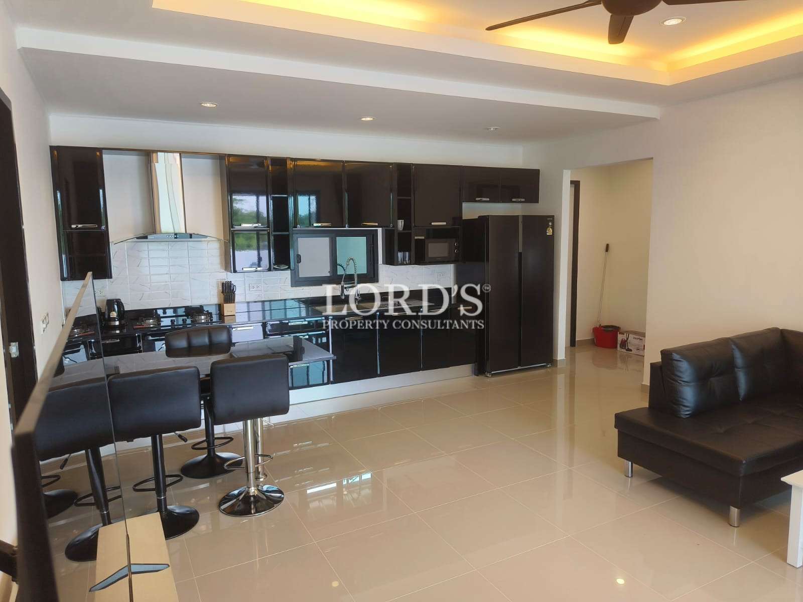 Modern open kitchen with black cabinets, breakfast bar, and living area with sofa.