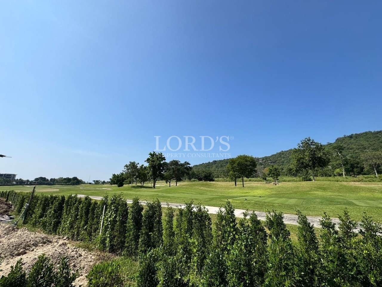 Expansive golf course with manicured fairways, scattered trees, trimmed hedge in the foreground, and forested hills under a clear blue sky.