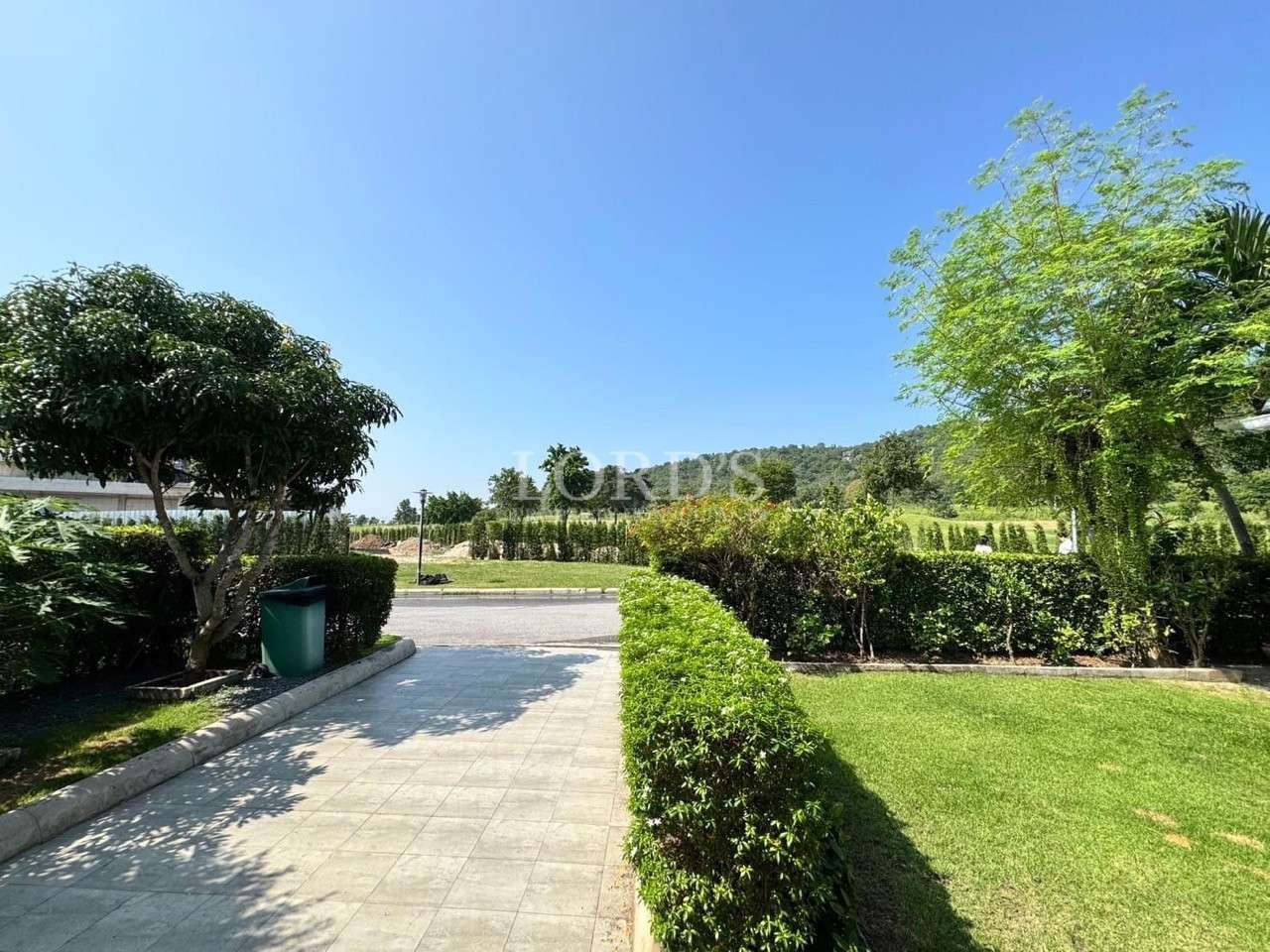 Paved driveway bordered by trimmed hedges and green lawn leading toward a quiet street with hills and trees under a clear blue sky.