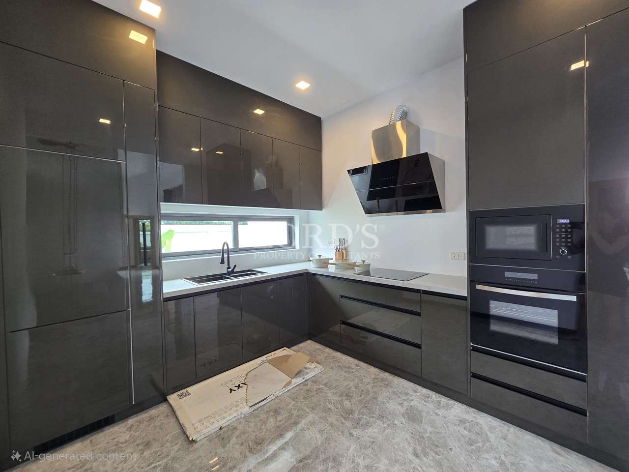 Modern L-shaped kitchen with glossy dark cabinets, built-in oven, and range hood.