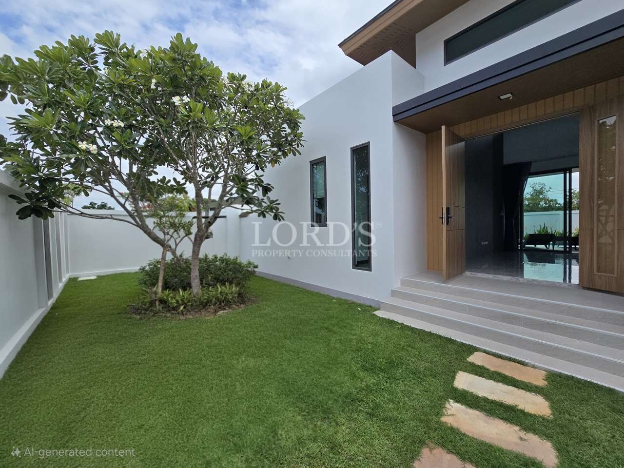 Modern villa exterior with private garden, entrance steps, and large windows
