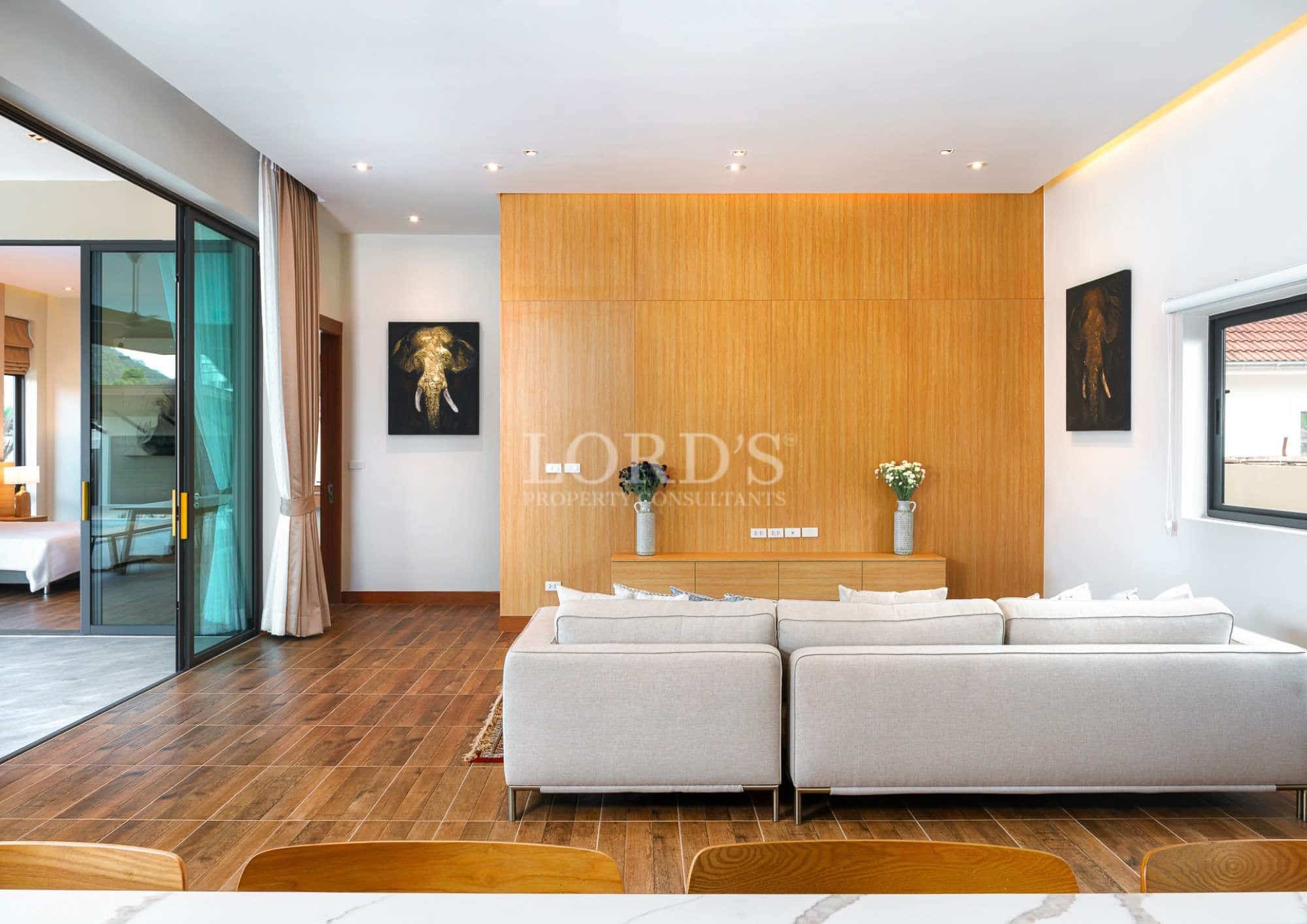 Modern living room with wooden accents