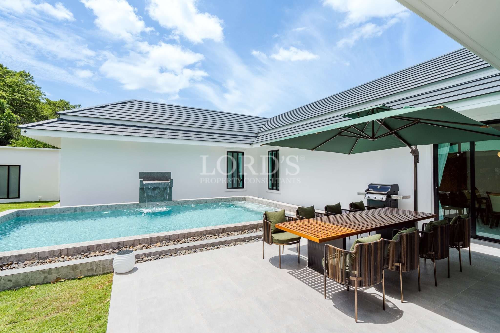 Modern home with pool and dining