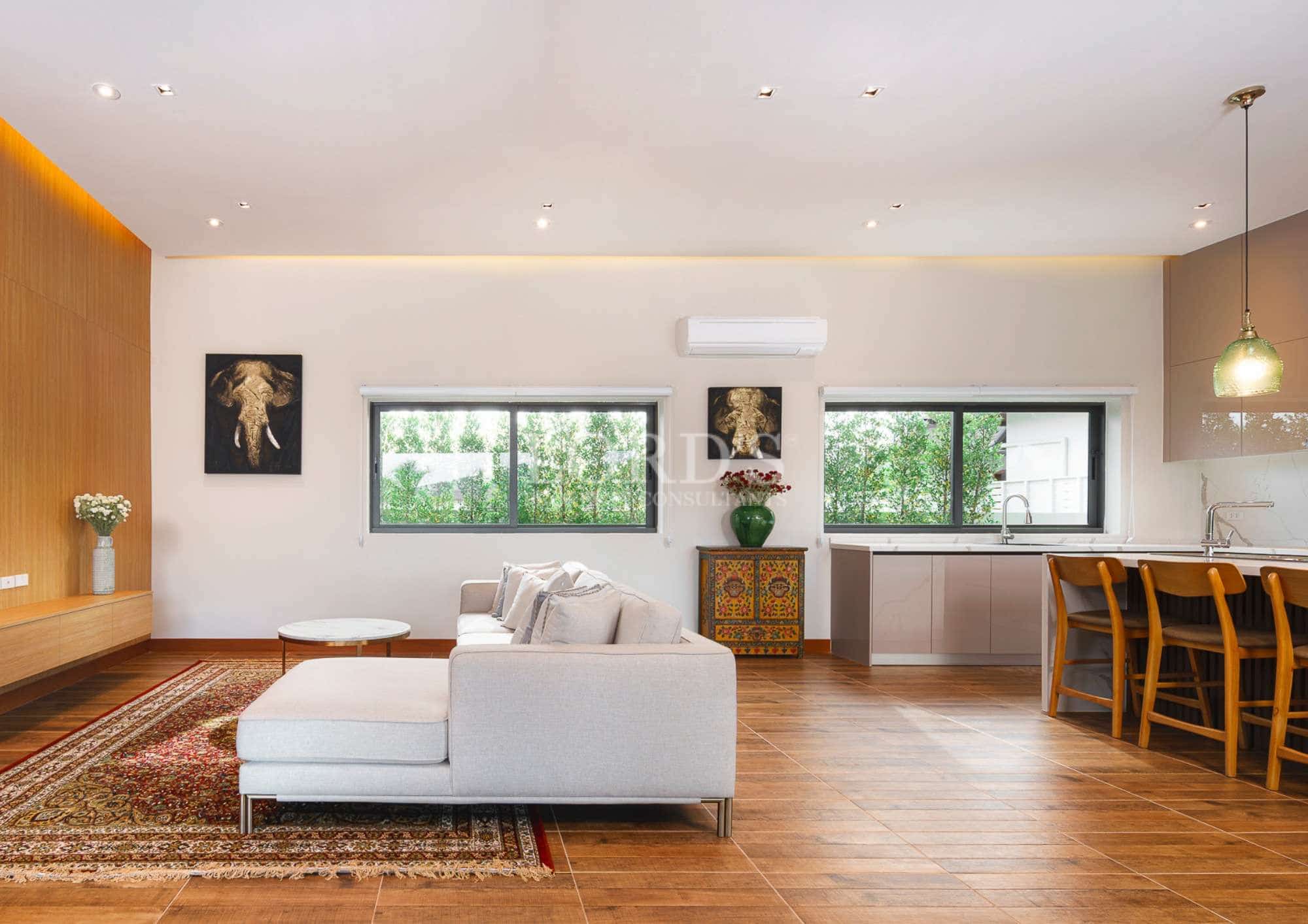 Modern living room with kitchen area