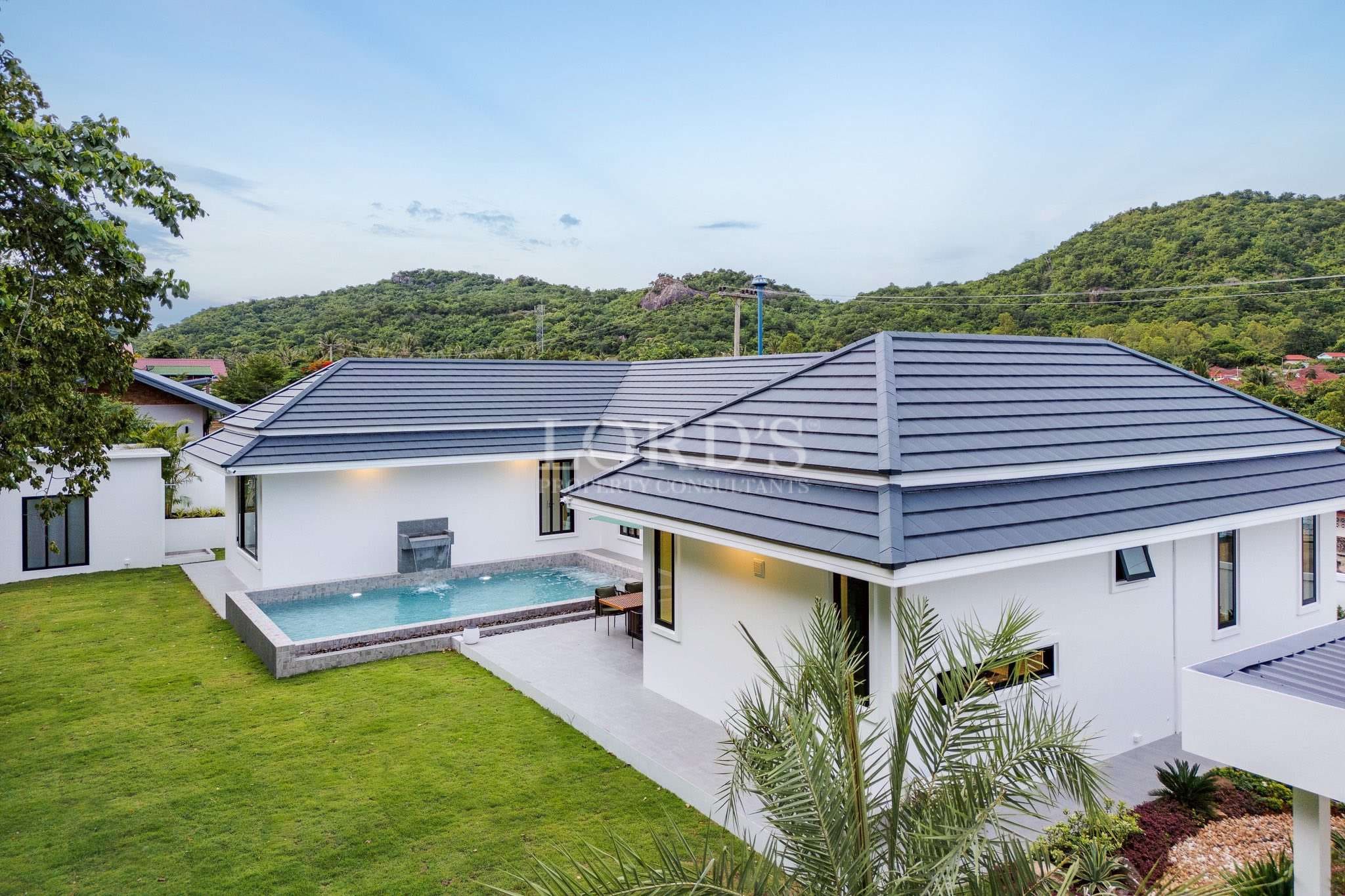Modern house with pool and greenery
