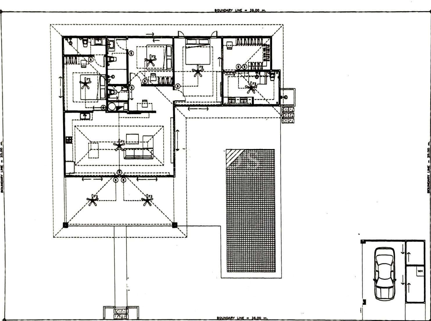 Architectural floor plan drawing of a modern house with rooms, bathrooms, and outdoor pool layout