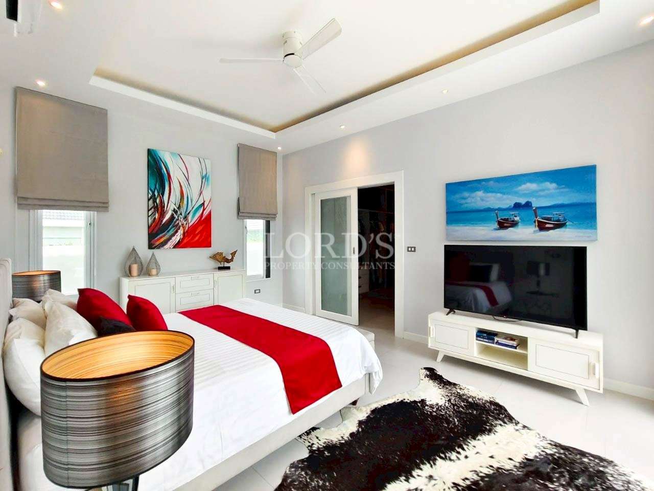 Modern bedroom with stylish decor.