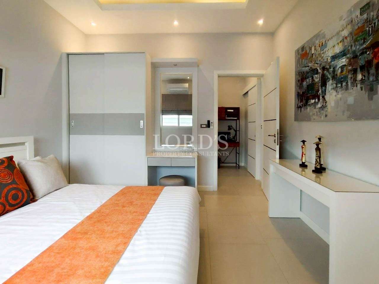 Modern bedroom with minimalist decor.