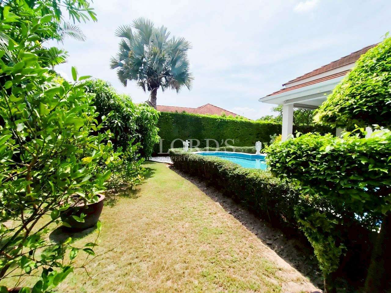 Private backyard with swimming pool, trimmed hedges, and tropical landscaping beside a luxury home