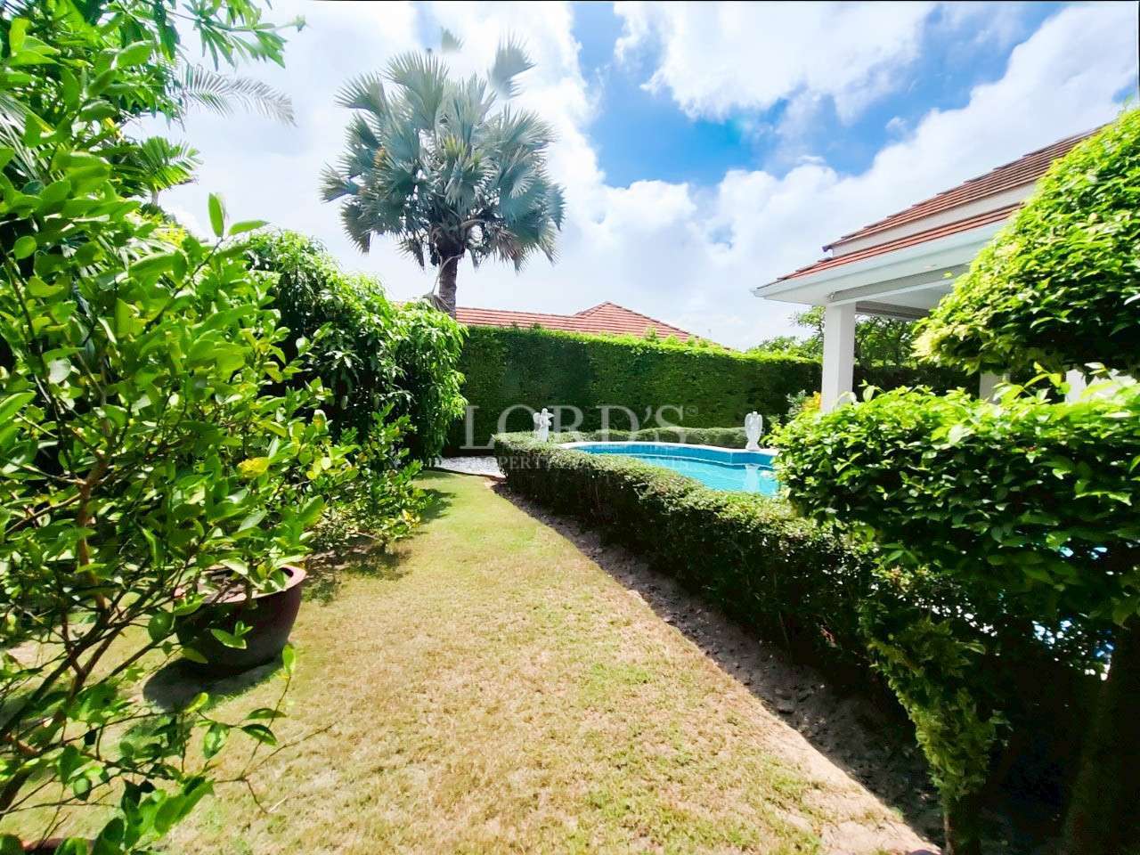 Tropical garden walkway with trimmed hedges, palm trees, and a private villa pool.