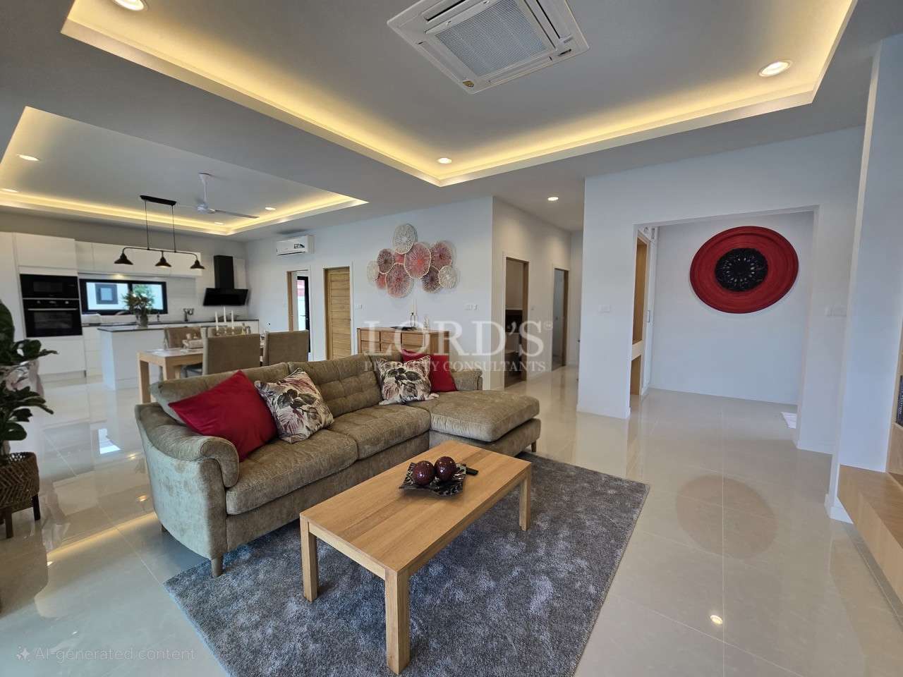 Bright open-plan living room with sectional sofa, coffee table, recessed ceiling lighting, and dining area.