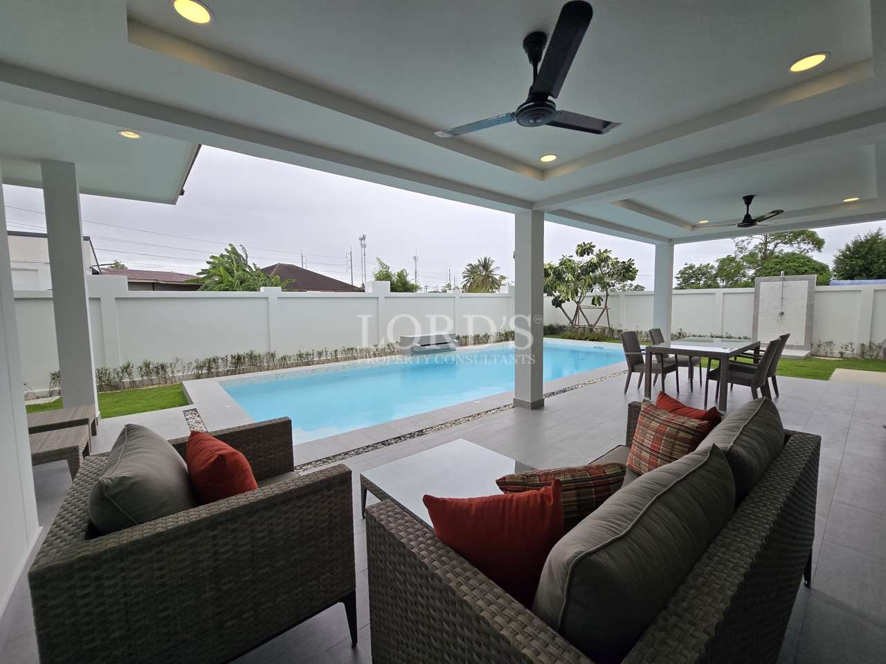 Covered outdoor patio with wicker seating, ceiling fans, dining table, and private swimming pool.