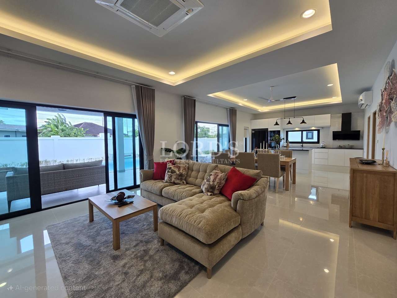 Open-plan living and dining area with sectional sofa, large sliding glass doors, and modern kitchen.