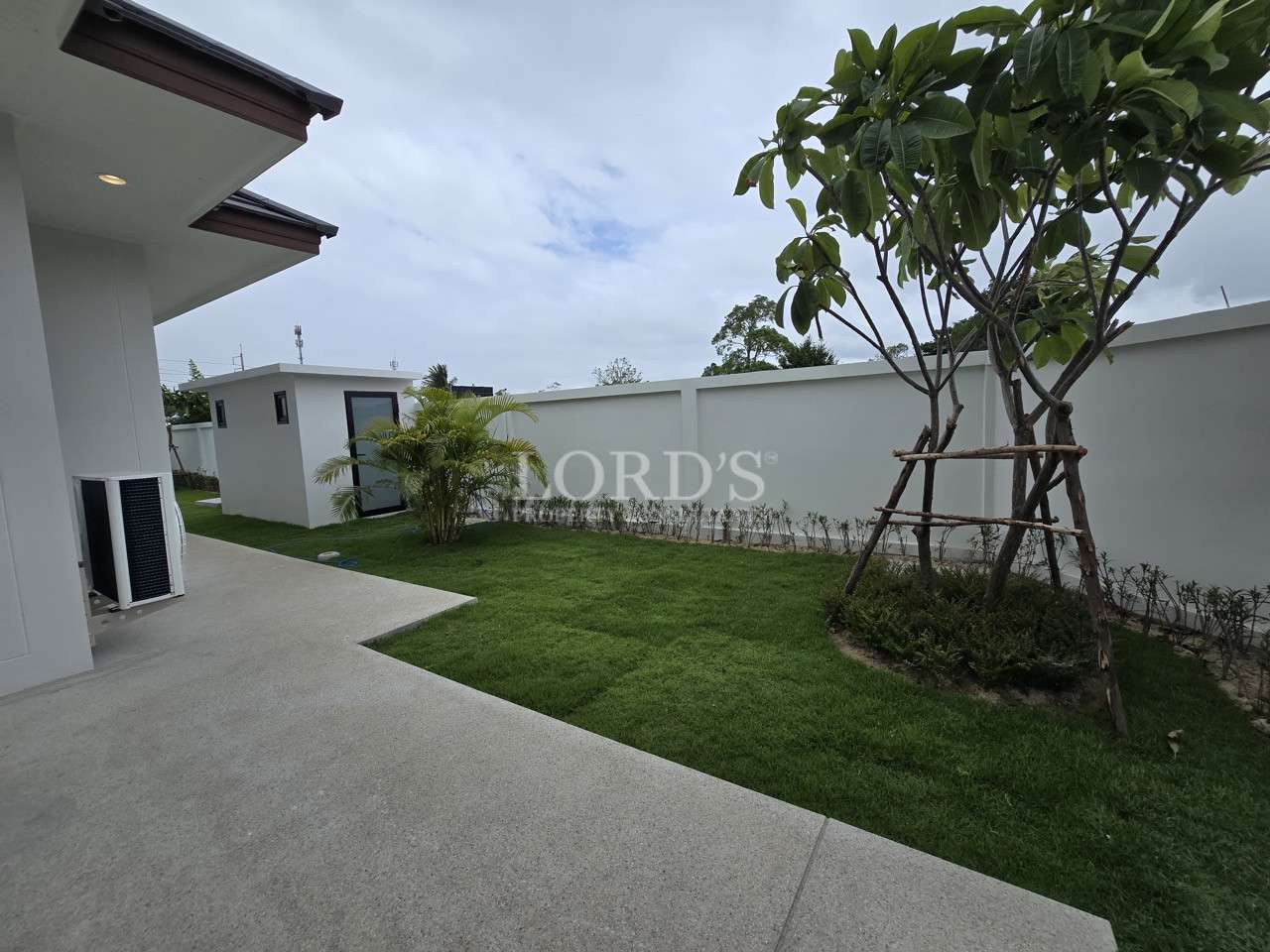 Side garden with green lawn, young trees, and boundary wall beside a modern villa.