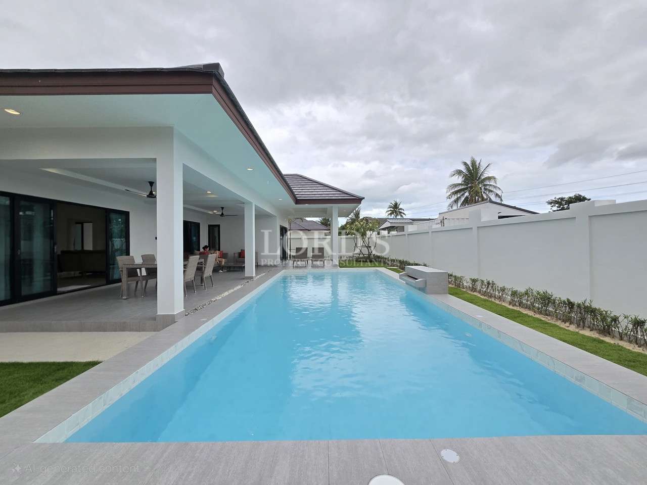 Modern villa with long private swimming pool and covered outdoor living area.