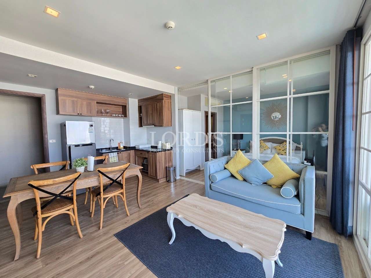 Modern living room with dining area