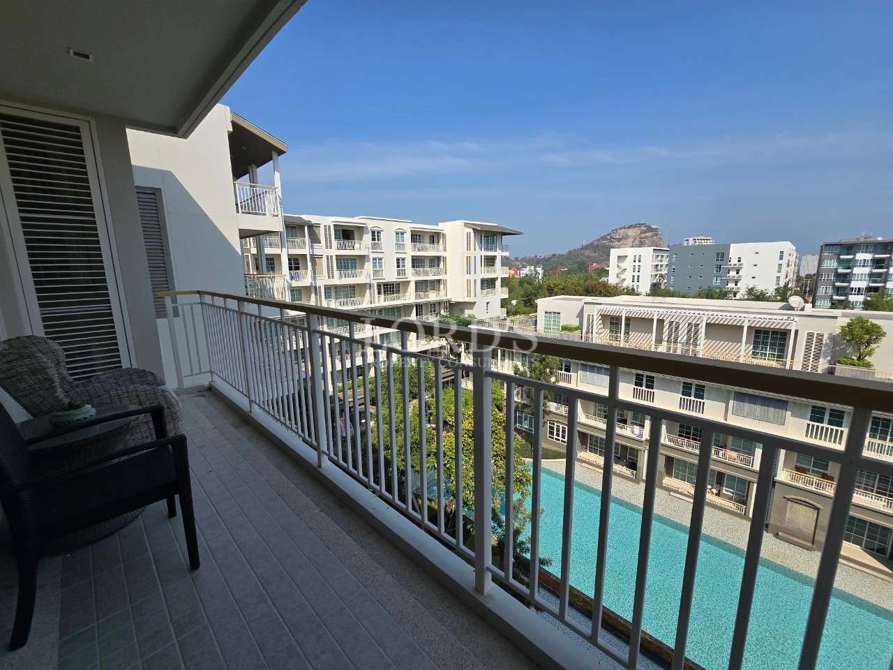 Balcony view of modern buildings.