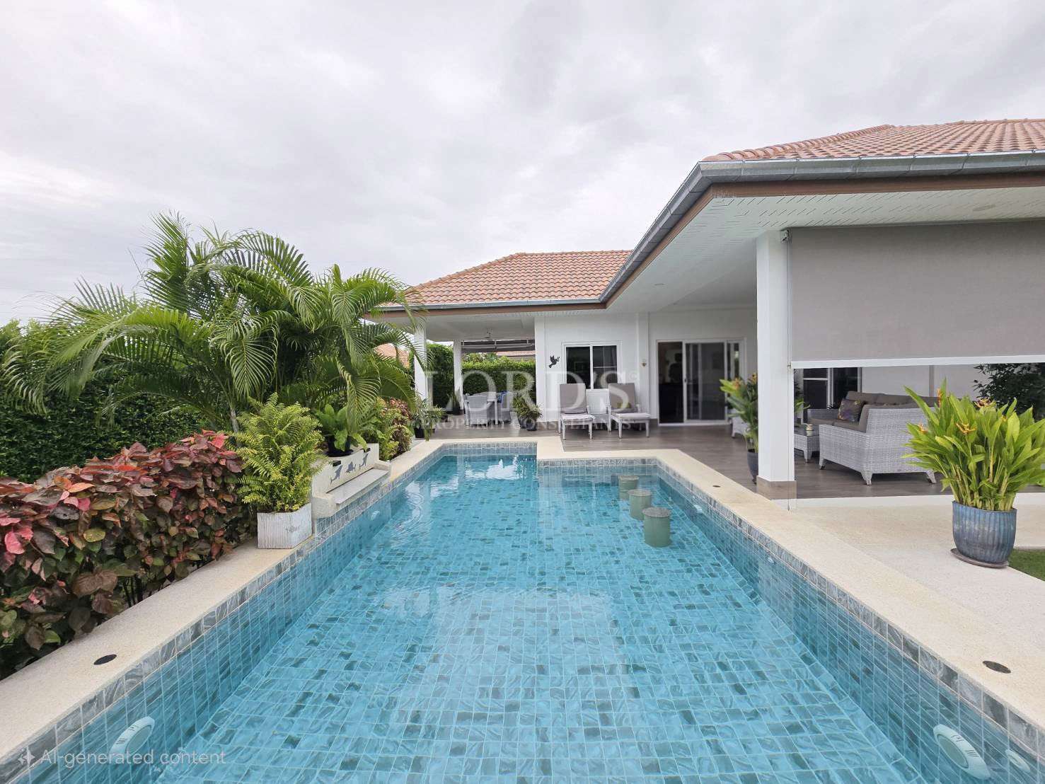 Modern poolside villa with greenery.