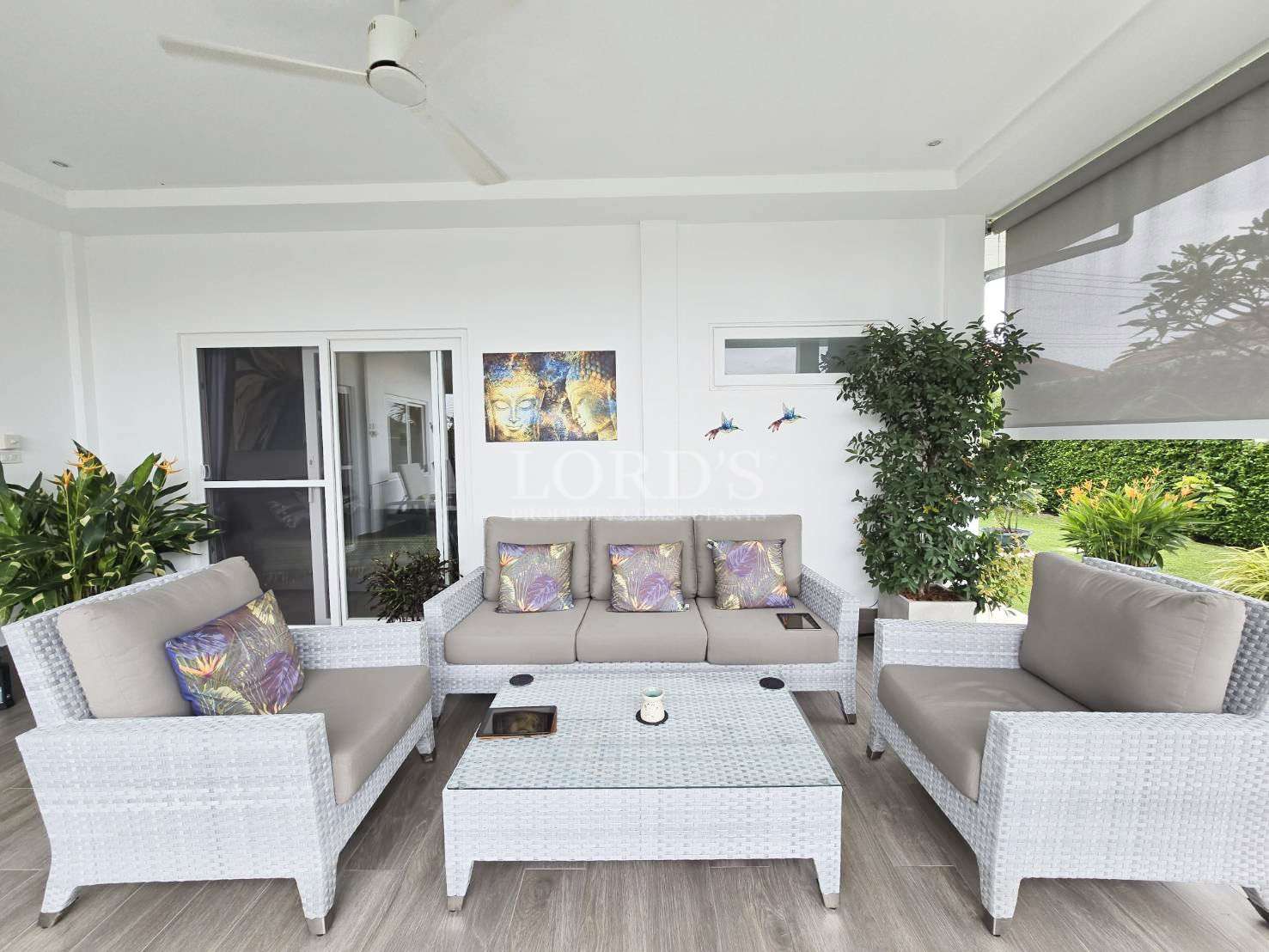 Modern outdoor seating area with plants