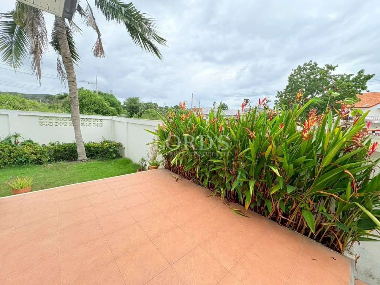 Outdoor patio with tiled floor and tropical garden plants