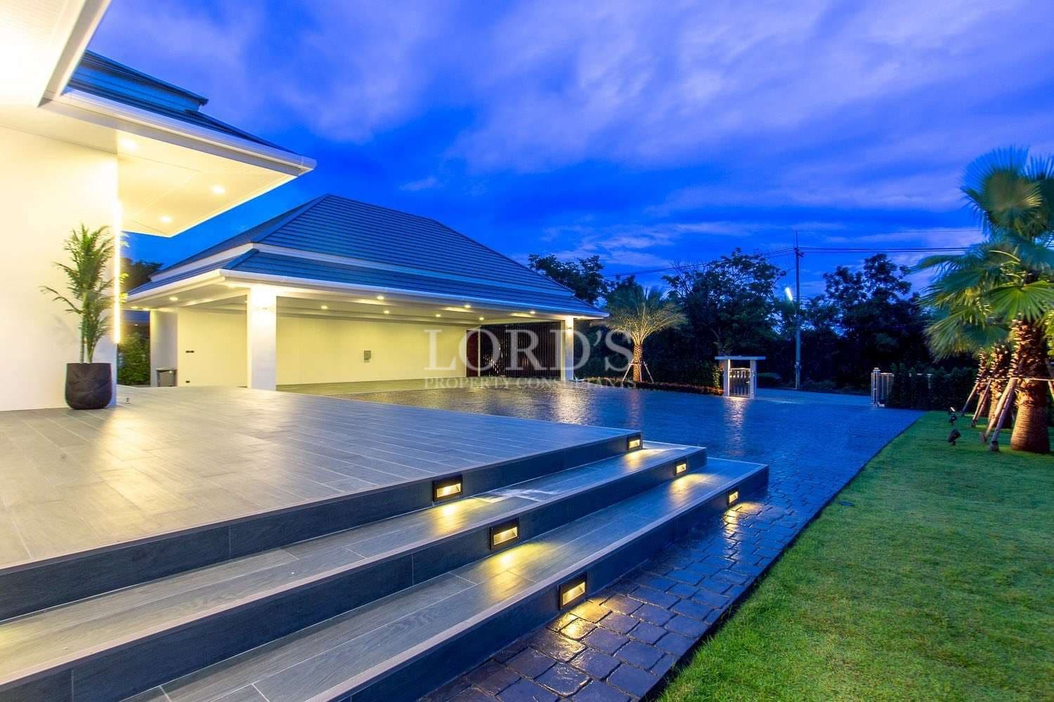 Modern home exterior at twilight