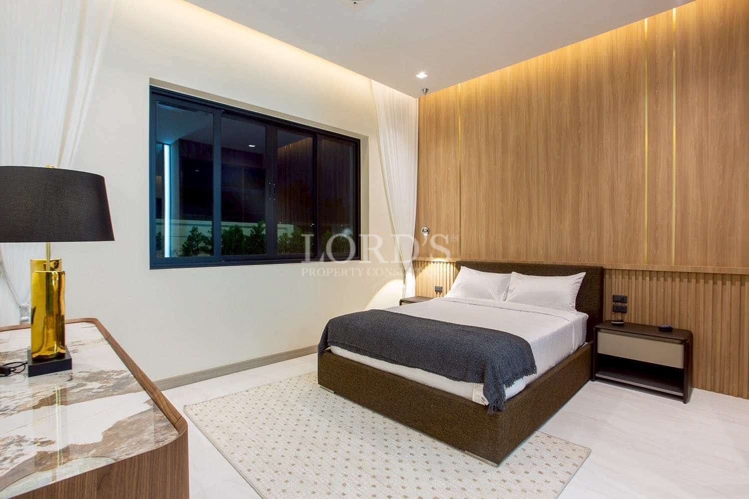 Modern bedroom with wooden accents