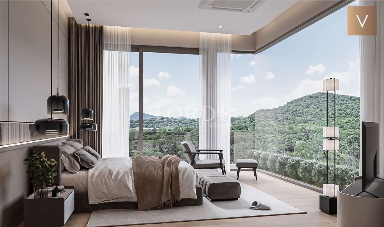 Modern bedroom with scenic view.
