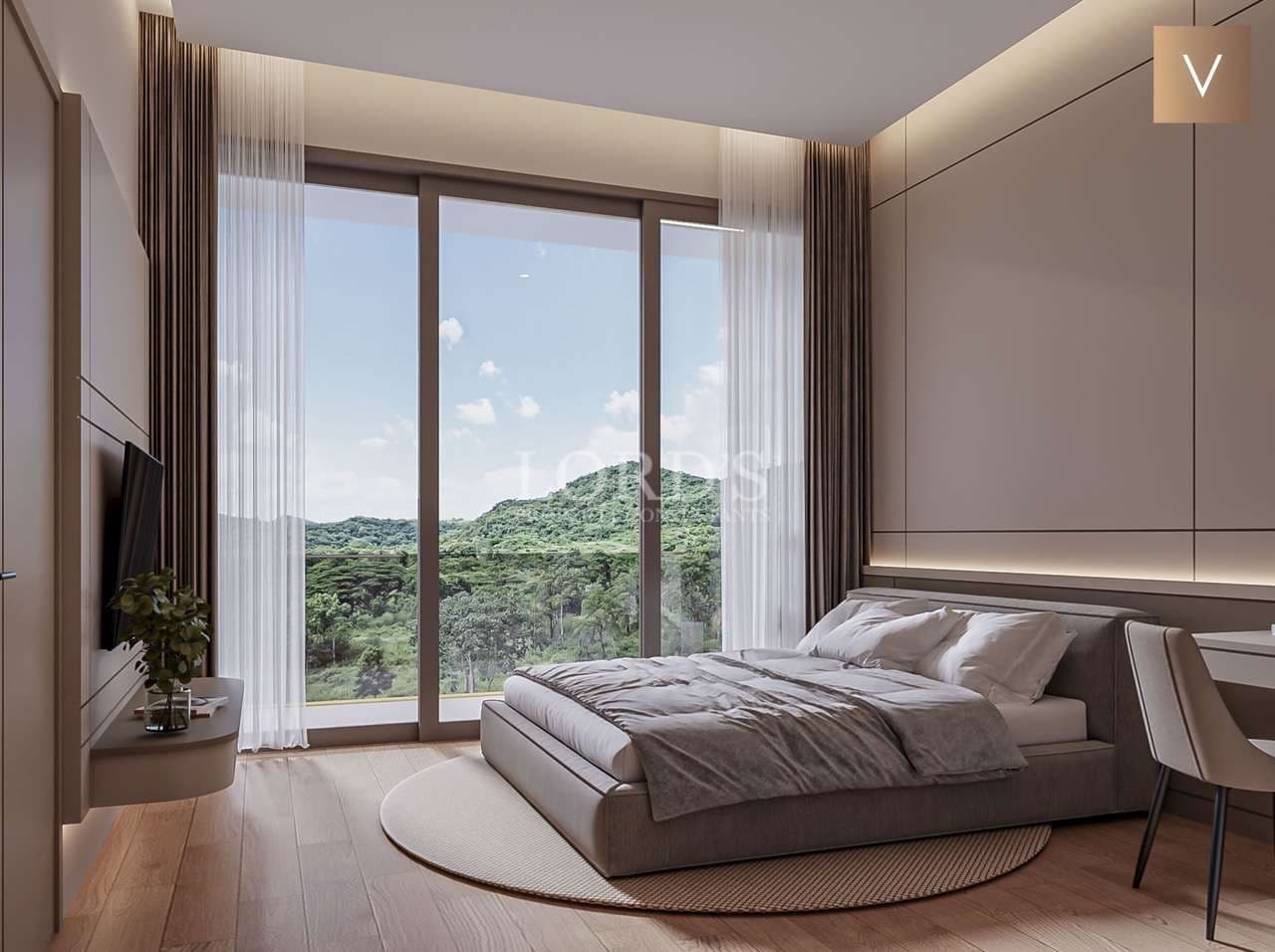 Modern bedroom with scenic view.
