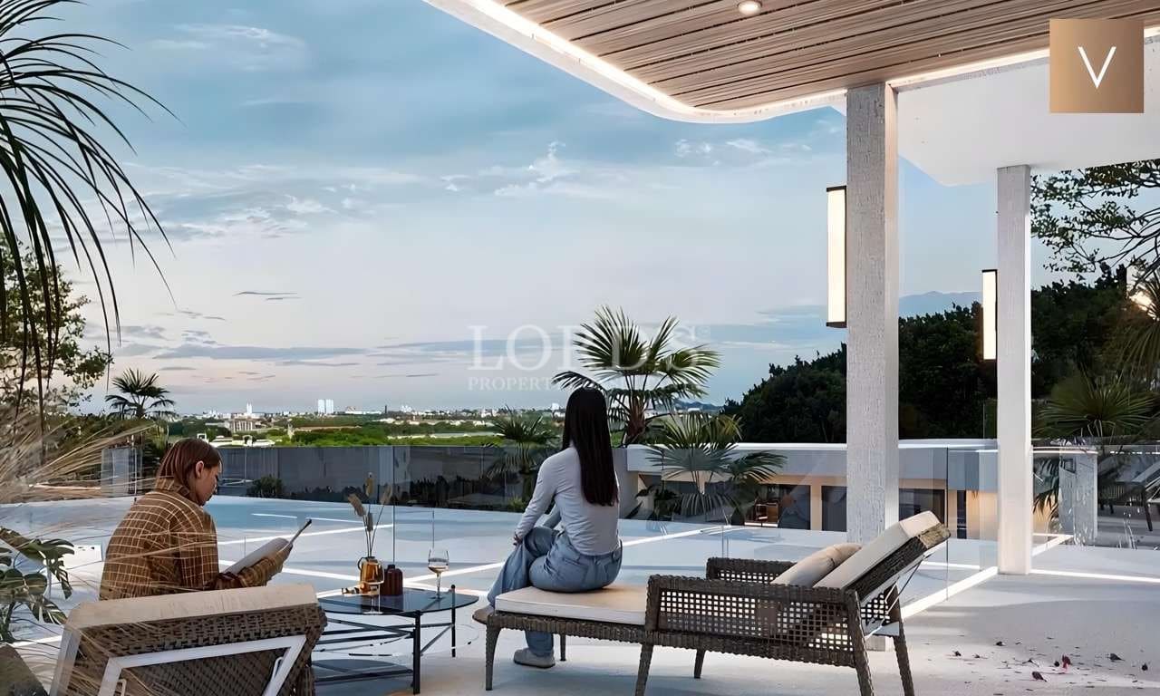 Modern outdoor seating with scenic view.