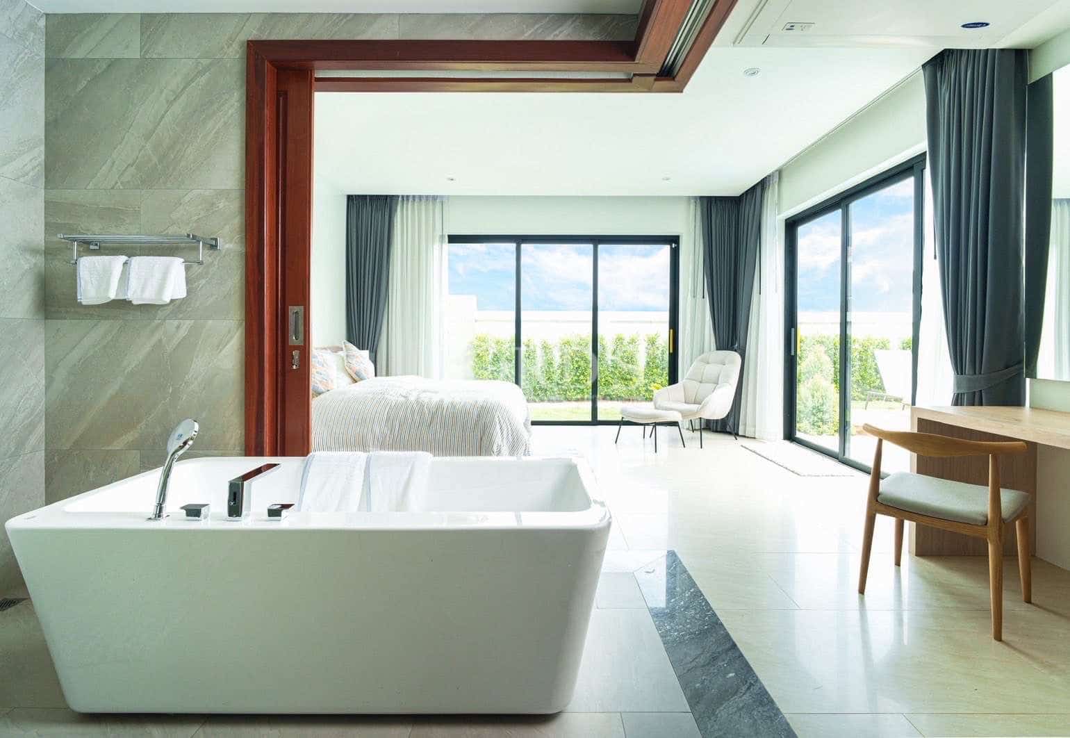 Modern bathroom with large windows